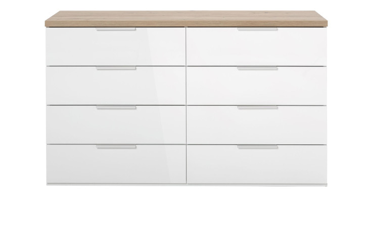 Kommode Moonlight aus Holzwerkstoff in weiß mit einer Absetzung in Artisan Eiche mit zwei Türen und vier Schubkästen.