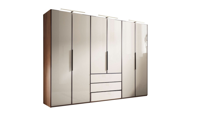 Komfort-Drehtürenschrank Phönix mit sechs Türen und drei Schubladen, Front in Sandglas, Korpus in Artisan Eiche Nachbildung 