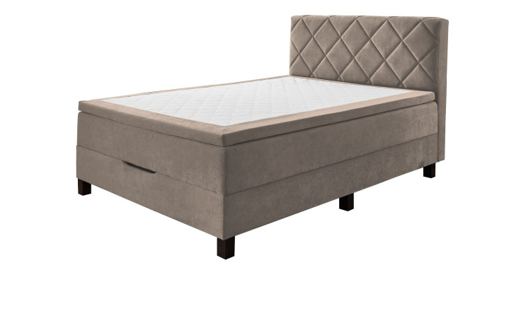 Boxspringbett Josh aus einem Mikrofaser Bezug in Beige mit schwarzen Füßen.