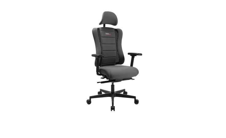 Drehstuhl Pro Gamer mit Armlehnen und Kopfstütze, schwarzem Fußkreuz und einem Bezug in der Farbe Anthrazit