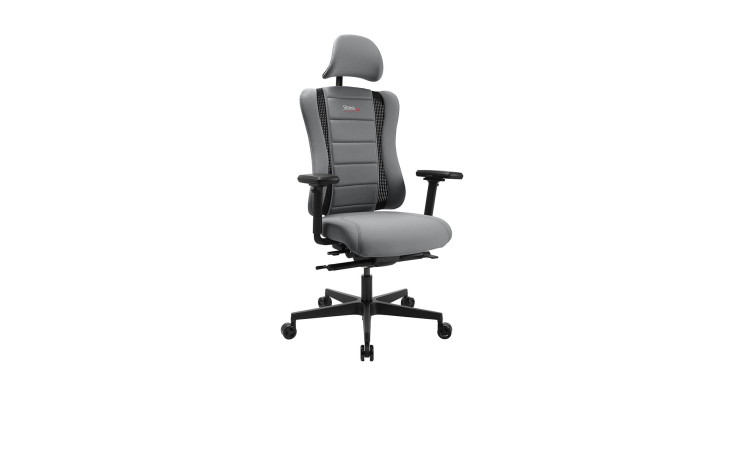 Drehstuhl Pro Gamer mit Armlehnen und Kopfstütze, schwarzem Fußkreuz und einem Bezug in der Farbe Grau
