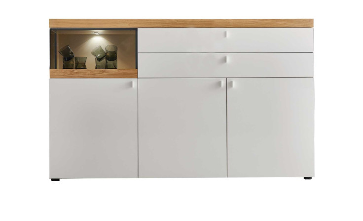 Sideboard X2 Kristallweiß mit Absetzung Eiche Rustico, Fach mit Persol-Verglasung