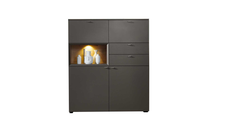 Highboard X5 in schiefergrau lackiert, zwei Schubladen, 2 Klappen oben, ein offenes Fach und zwei Türen