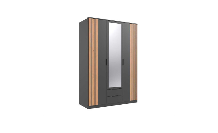 Drehtürenschrank Lüder in der Farbkombi Graphit / Akustiklamellen in Artisan Eiche mit einer Spiegeltür