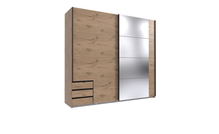 Schwebetürenschrank Petra in Viking-Oak-Nachbildung, mit Spiegel und 3 Schubkästen
