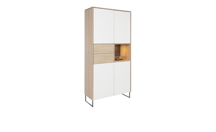 Schrank Lindfield mit Korpus, Fach und zwei Schubladen im Eiche Natur Dekor und weißen Fronten, Schrägansicht