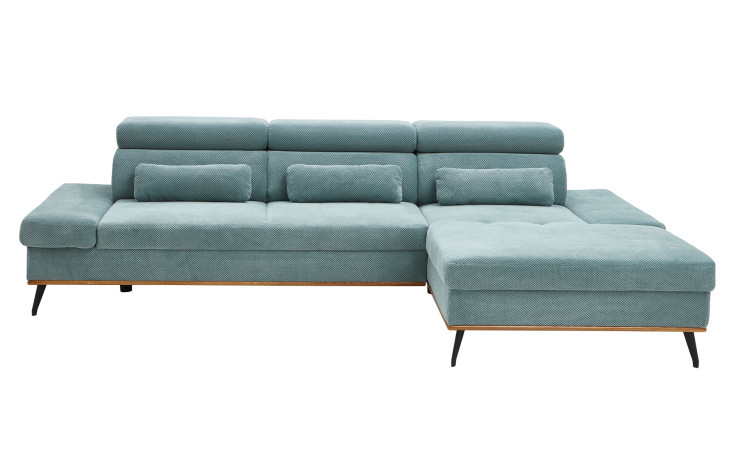 Wohnlandschaft Malie in einem Bezugsstoff in Aqua mit Zierkissen.