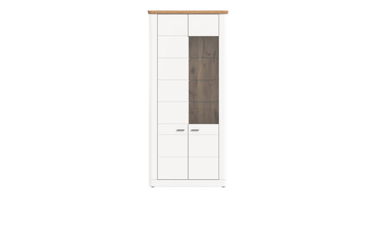 Vitrine Manhattan in weiß mit einer Deckplatte in Nox Oak aus Holzwerkstoff. Frontalansicht.