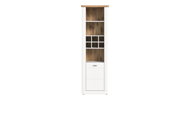 Regal Manhattan in weiß mit einer sichtbaren Rückwand und Abdeckplatte in Nox Oak. Frontalansicht.