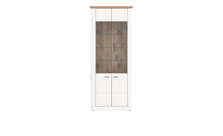 Vitrine Manhattan in weiß mit einer sichtbaren Rückwand und einer Abdeckplatte in Nox Oak. Frontalansicht.
