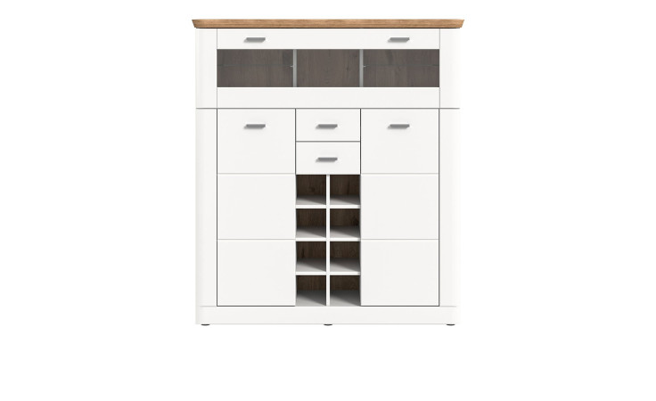 Barschrank Manhattan in weiß mit einer Abdeckplatte in Nox Oak. Frontalansicht.