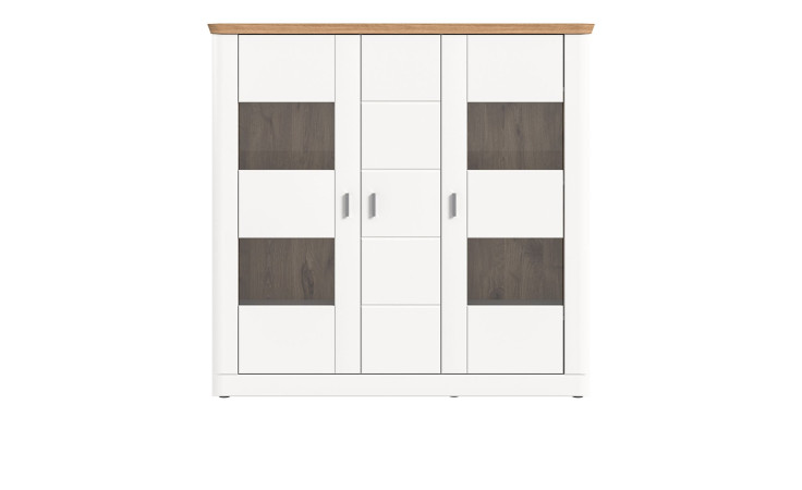 Highboard Manhattan in weiß mit einer Abdeckplatte in Nox Oak. Frontalansicht.