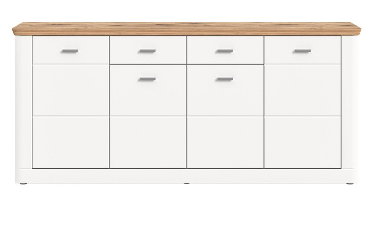 Sideboard Highboard in weiß mit Abdeckplatte in Nox Oak. Frontalansicht.