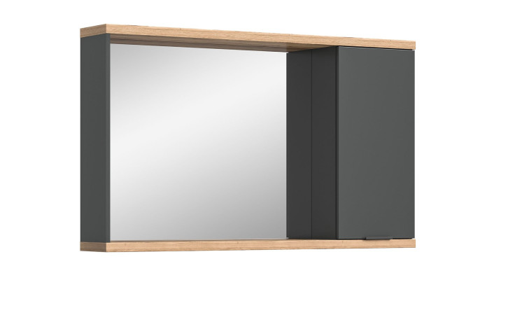 Spiegelschrank Nevada mit großer Spiegelfläche links und anthrazitfarbenem Schrank rechts. Boden- und Deckplatte holzfarben.