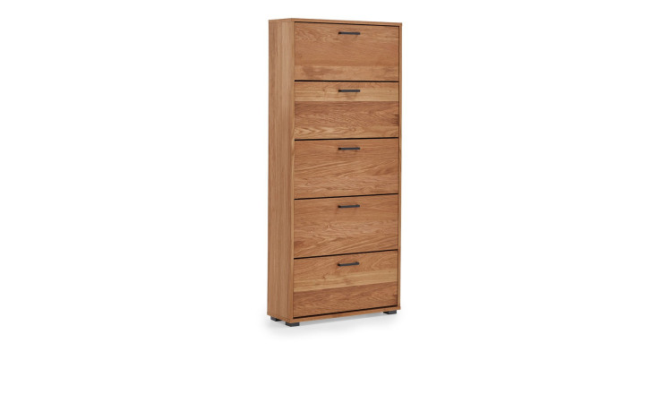 Schuhschrank Pit 5 aus Eiche Furnier mit schwarzen Griffen und Füßen.