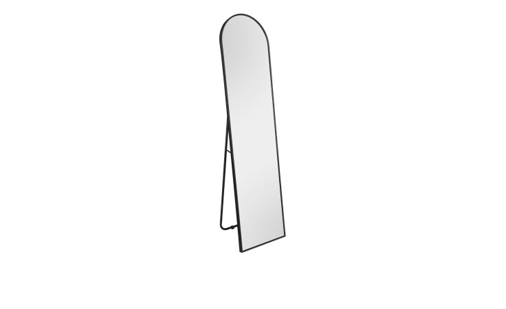 Standspiegel Body mit einem schwarzem lMetallrahmen und schwarzen Ständer mit einer rechteckigen Form mit abgerundeten Oberseite.