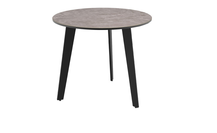 Beistelltisch MONDO Varium mit einer Glas-Keramik Tischplatte in Zementgrau mit einem schwarzen Stahlgetsell.