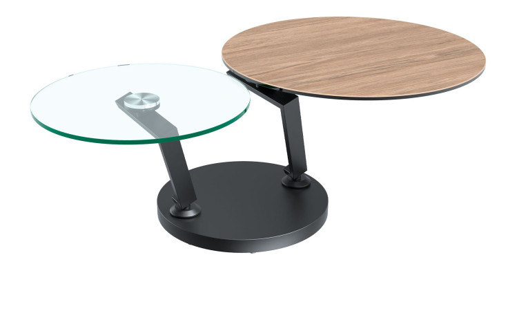 Couchtisch MONDO Varium mit einer Glas-Keramik Tischplatte in Eiche hell und einer Klarglasplatte mit einem schwarzen Stahlgetsell.