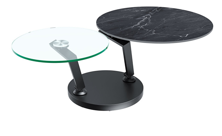 Couchtisch MONDO Varium mit einer Glas-Keramik Tischplatte in Marmoroptik Marquina und einer Klarglasplatte mit einem schwarzen Stahlgetsell.