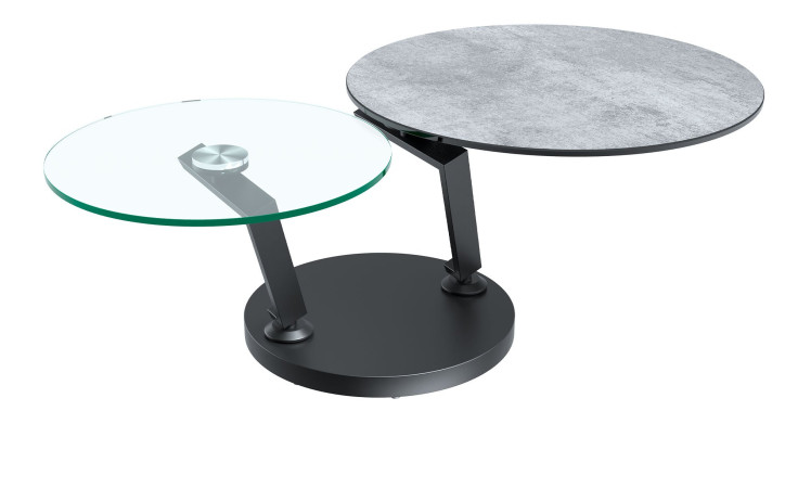Couchtisch MONDO Varium mit einer Glas-Keramik Tischplatte in Silver und einer Klarglasplatte mit einem schwarzen Stahlgetsell.