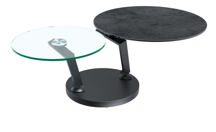 Couchtisch MONDO Varium mit einer Glas-Keramik Tischplatte in Titan und einer Klarglasplatte mit einem schwarzen Stahlgetsell.