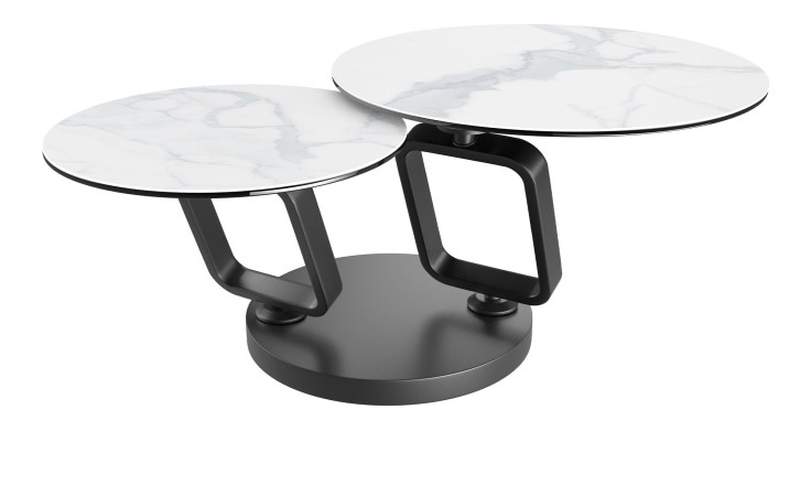 Couchtisch MONDO Varium mit zwei Glas-Keramik Tischplatten in Marmoroptik Weiß mit einem scwarzem Gestell.