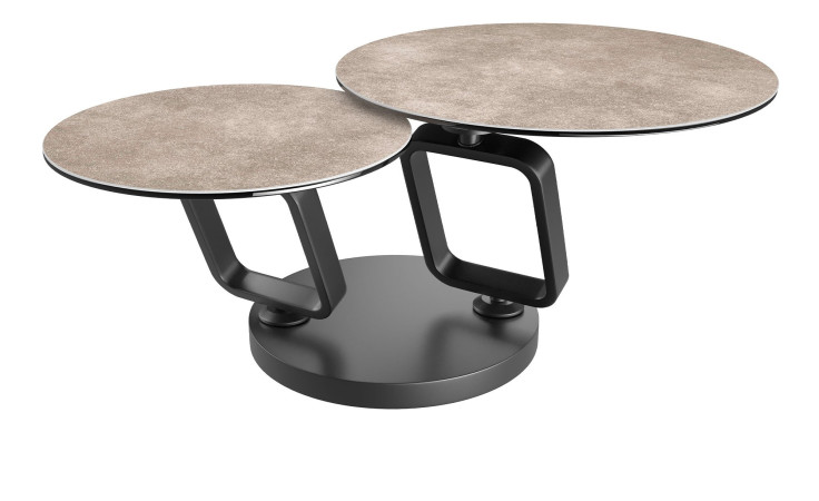 Couchtisch MONDO Varium mit zwei Glas-Keramik Tischplatten in Zementgrau mit einem scwarzem Gestell.