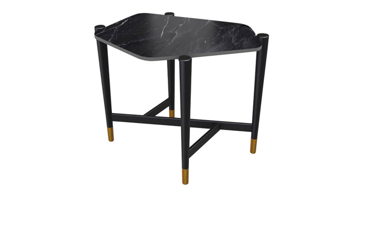 Beistelltisch MONDO Varium mit einer Keramik Tischplatte in  Marmoroptik Marquina und einem schwarzem Stahlgestell.