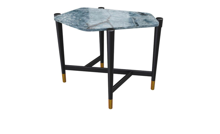 Beistelltisch MONDO Varium mit einer Keramik Tischplatte in Marmoroptik Onyx Blau und einem schwarzem Stahlgestell.