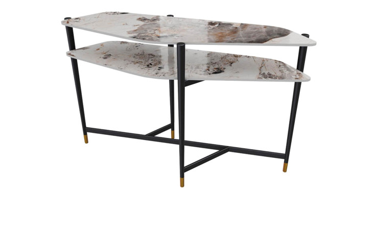 Konsole MONDO Varium mit Keramik Platten in Marmoroptik Calcatta und einem schwarzem Stahlgestell.