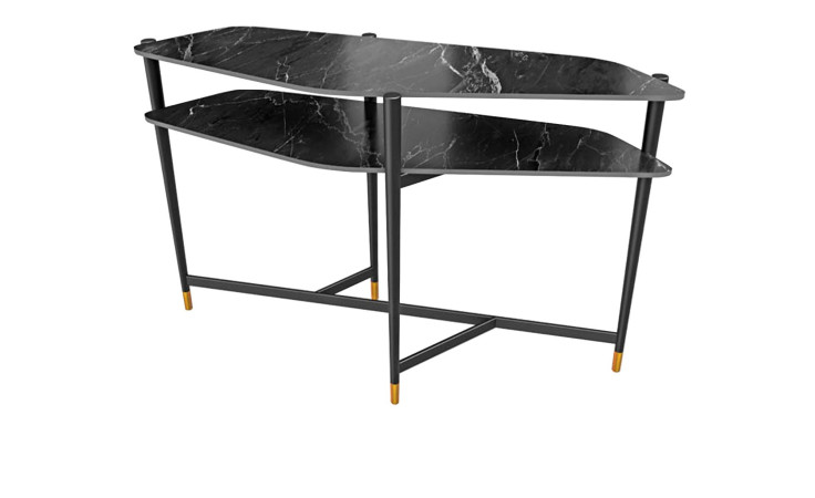 Konsole MONDO Varium mit Keramik Platten in Marmoroptik Marquina und einem schwarzem Stahlgestell.
