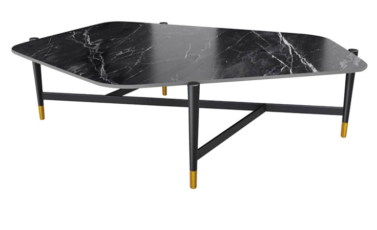 Couchtisch MONDO Varium mit einer Keramik Tischplatte in Marmoroptik Marquina und einem schwarzem Stahlgestell.