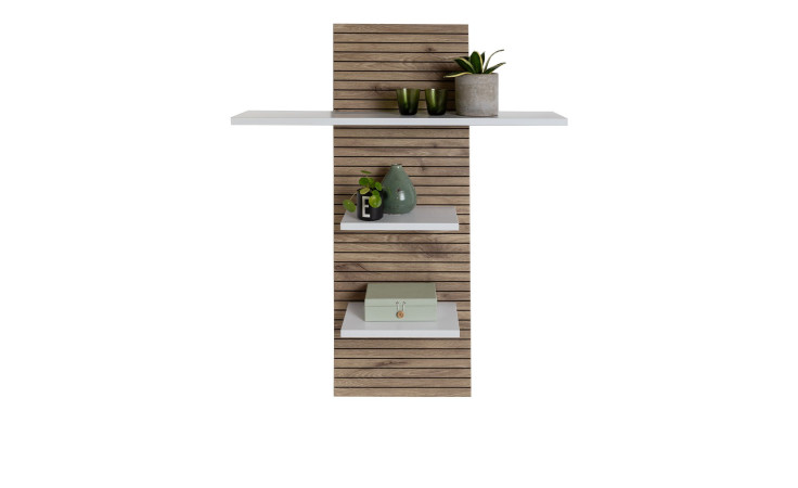 Wandboard LIV'IN Rovigo mit einer Rückwand in Nox Oak Stripes und weißen Ablageböden.
