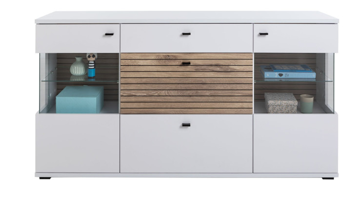 Sideboard LIV'IN Rovigo in weiß mit Absetzungen in Nox Oak Stripes und Glasausschnitten.