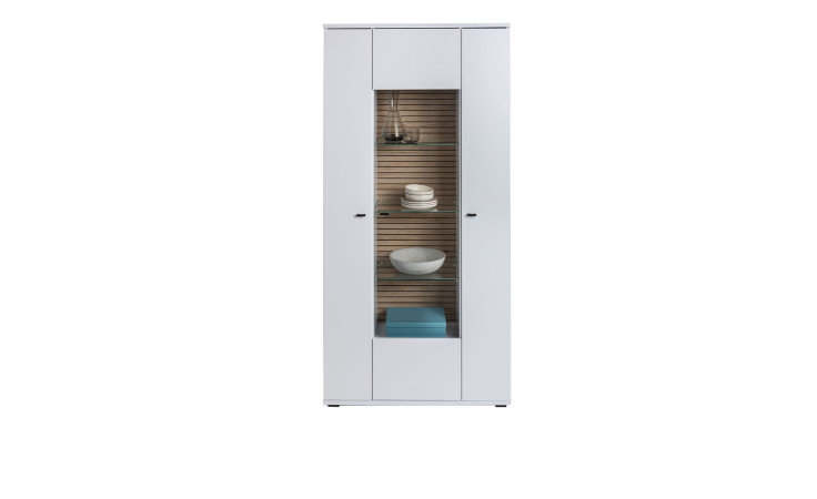 Vitrine LIV'IN Rovigo in weiß mit einem Glasausschnitt mit einer sichtbaren Rückwand in nox Oak Stripes.
