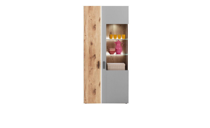 Vitrine LIV'IN Baveno in Nox Oak mit einer Absetzung in hellgrau mit einem Glasausschnitt. 
