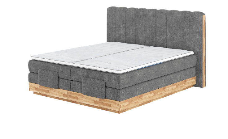 Boxspringbett VALMONDO Incana in einem Stoffbezug in Steel und einem Sichtholzrahmen in Eiche