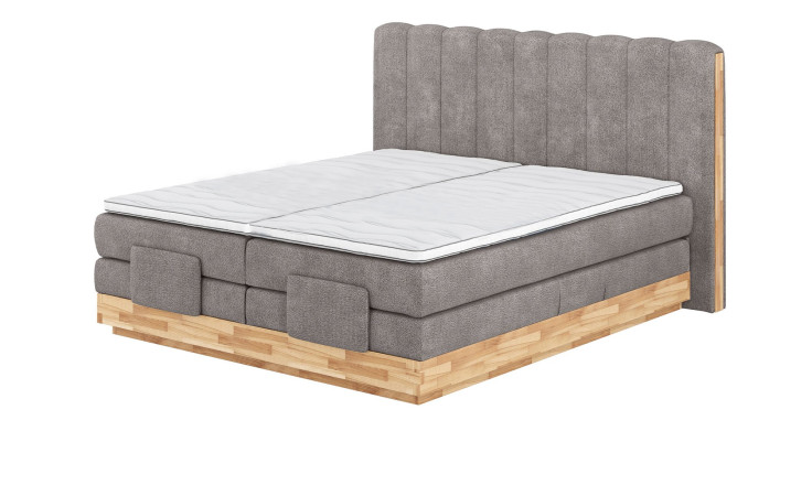 Boxspringbett VALMONDO Incana in einem Stoffbezug in Taupe und einem Sichtholzrahmen in Eiche. 