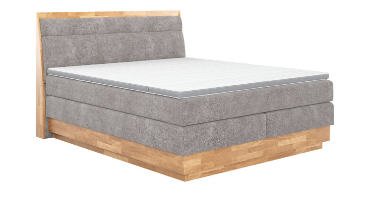 Boxspringbett VALMONDO Incana in einem Stoffbezug in Taupe und einem Sichtholzrahmen in Eiche