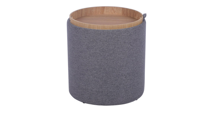 Hocker Lund inklusive Stauraum und Tablett mit Bezug aus grauem Stoff und holzfarbenem Gestell