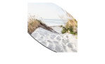 Glasbild Sunrise mit 30 cm Durchmesser. Glasbild mit dem Thema - Sonnenaufgang am Strand. Detailansicht der Kante.