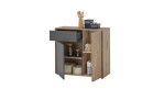 Kommode Nancy, in der Farbausführung Viking Oak und grau, mit offenen Türen und Schublade, Schrägansicvht