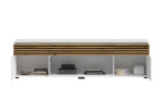 Lowboard Lanzerote, in der Farbausführung Weiß / Evoke oak, Frontansicht mit offenen Türen, Schubladen und mit Deko