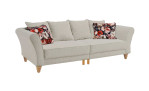 Big Sofa Pearl, Füße Eiche Natur, Rückenkissen in Bezugsfarbe sowie zwei Kissen mit floralem Muster, seiltiche Ansicht