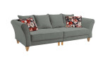 Big Sofa Anthrazit, Füße Eiche Natur, Rückenkissen in Bezugsfarbe sowie zwei Kissen mit floralem Muster