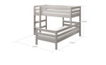 Mittelhohes Kombibett bestehend aus einem mittelhohen Bett und darunter einem Einzelbett in grau mit Maßen.