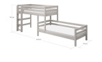 Mittelhohes Kombibett bestehend aus einem mittelhohen Bett und einem Einzelbett daneben in grau mit Maßen.