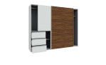 Schwebetürenschrank Willi in der Farbkombi Secret Grey / Bakersfield Walnut, Schräkansicht mit offenen Türen und Schubkästen