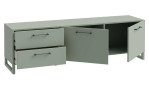 Lowboard Star in der Farbausführung Salbeigrün, mit 2 Türen und 2 Schubkästen (offen), Schräkansicht
