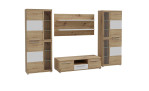 Wohnwand Amsterdam in der Farbkombi. Artisan oak und weiß, Schrägansicht